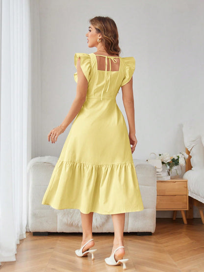 Shasmi Girl's & Women's Solid Yellow Color Square Neck, Ruffle-Trimmed Hem Sleeveless, Ruffle Armhole and Casual Dress with Cinched Waist Vacation Outfits Woman (Dress 162 Yellow-M)