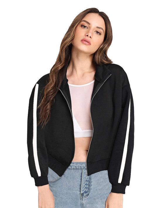 Women's Fleece Collared Neck Full Zip Black Sweatshirt - Casual Strreetwear White Stripe on Sleeves