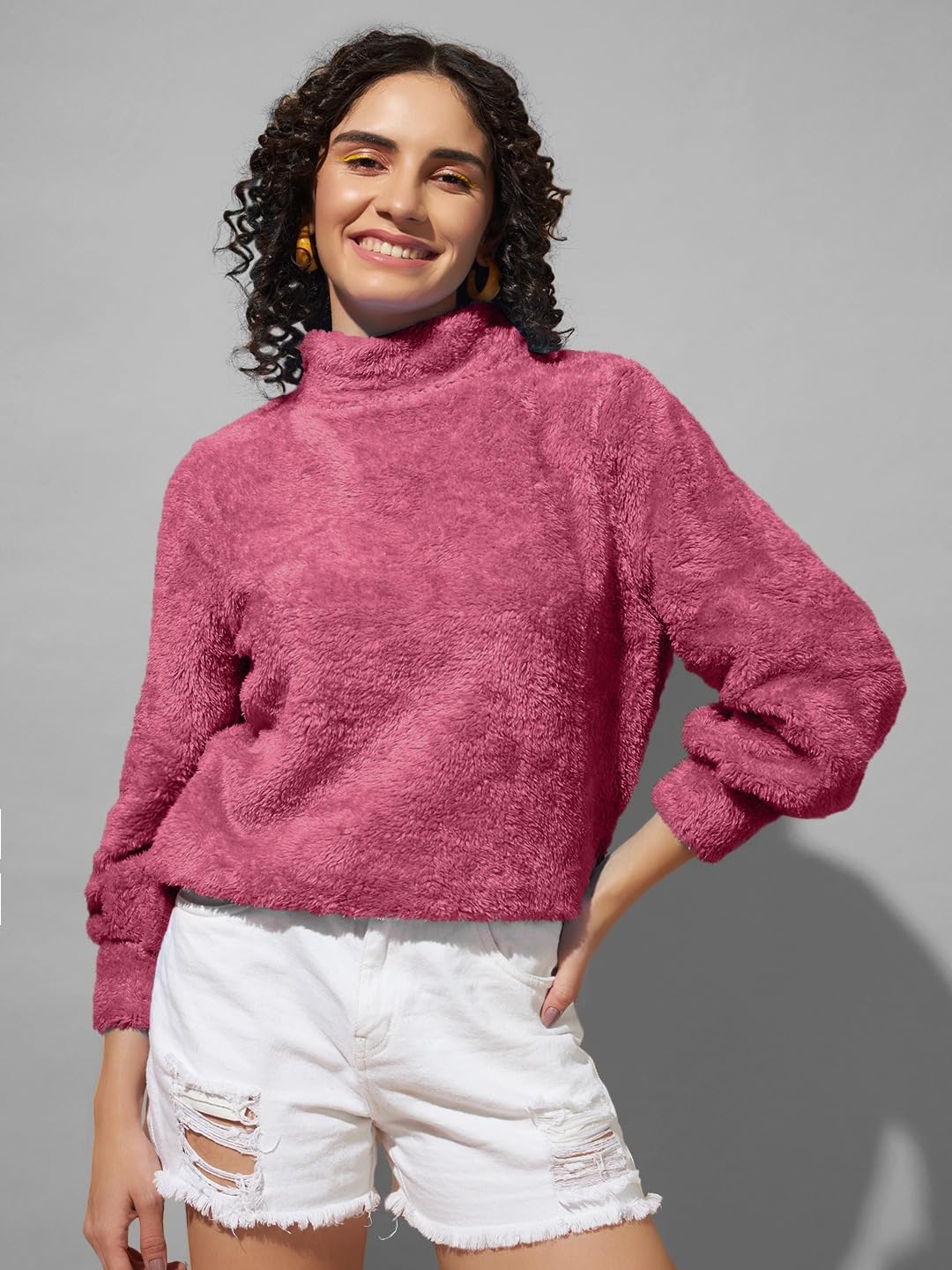 Women's Fur Pull Over High Neck Rose Sweatshirt