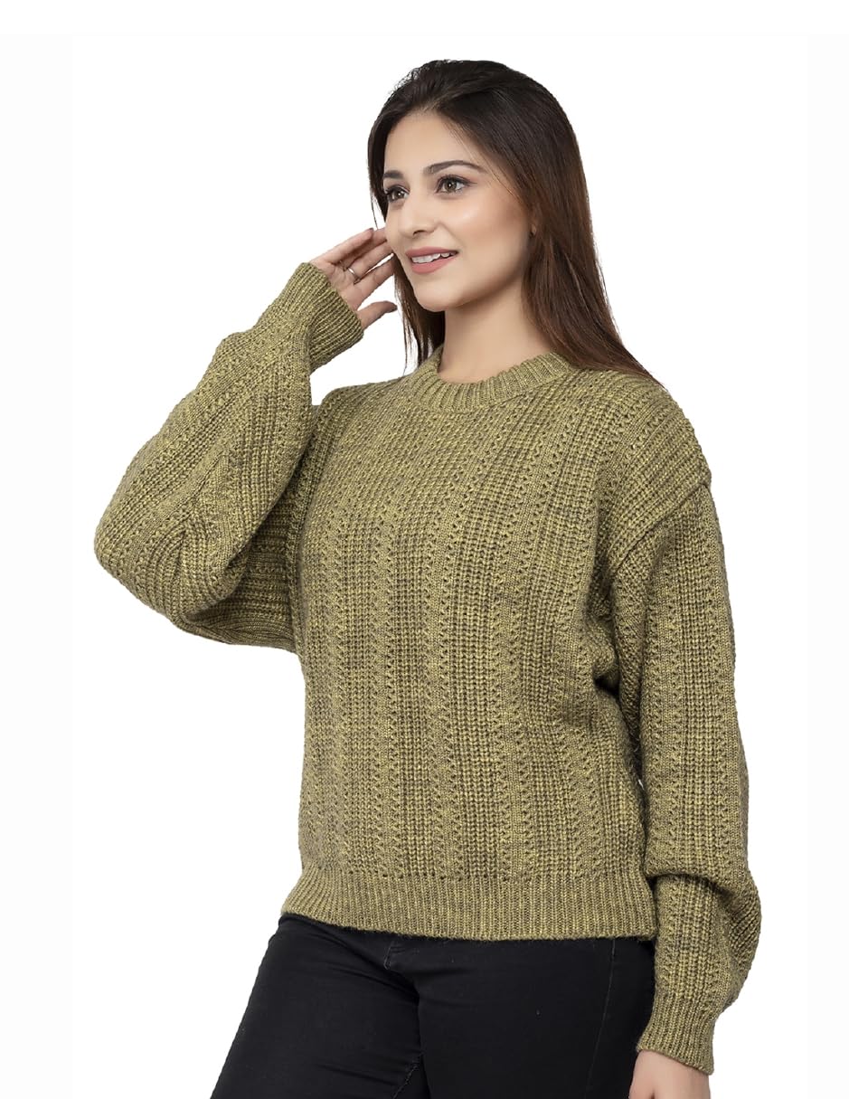 Women Pure Wool Round Neck Regular Fit Olive Pullover Sweater - Full Sleeve Stylish Crafted for Comfort
