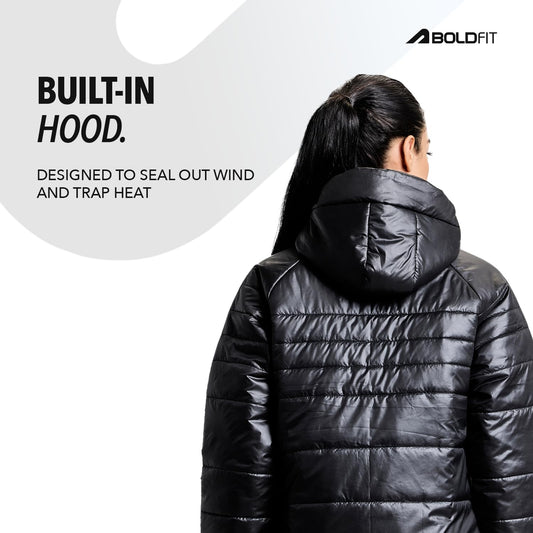 Women’s Full-Sleeve Black Hooded Puffer Jacket | Insulated Winter & Monsoon Wear Jacket