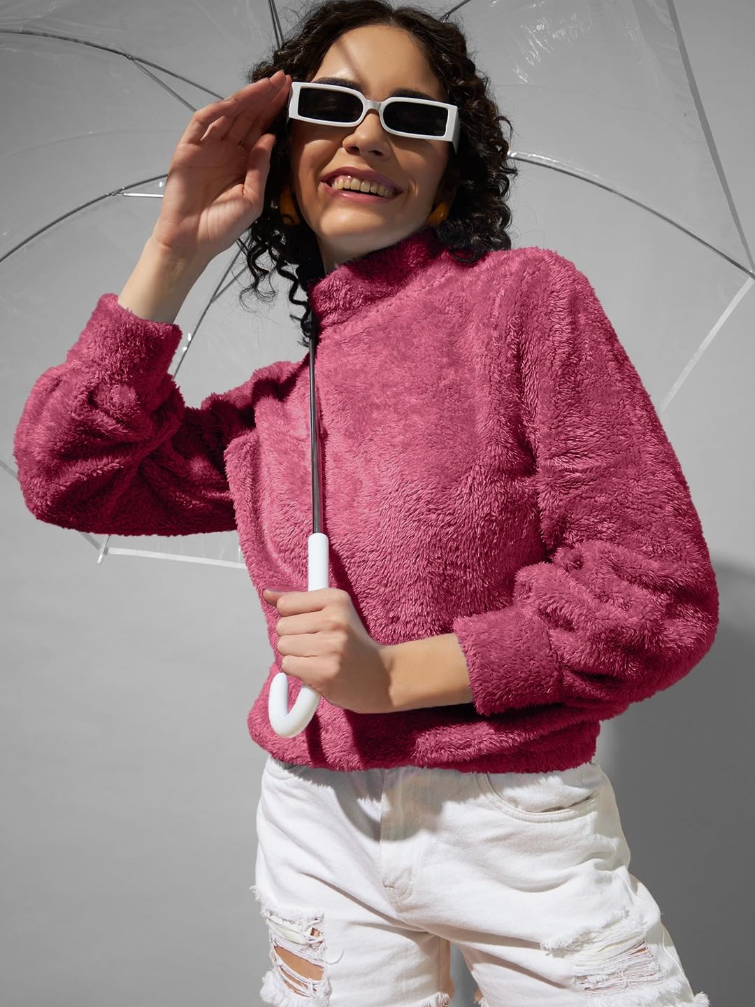 Women's Fur Pull Over High Neck Rose Sweatshirt