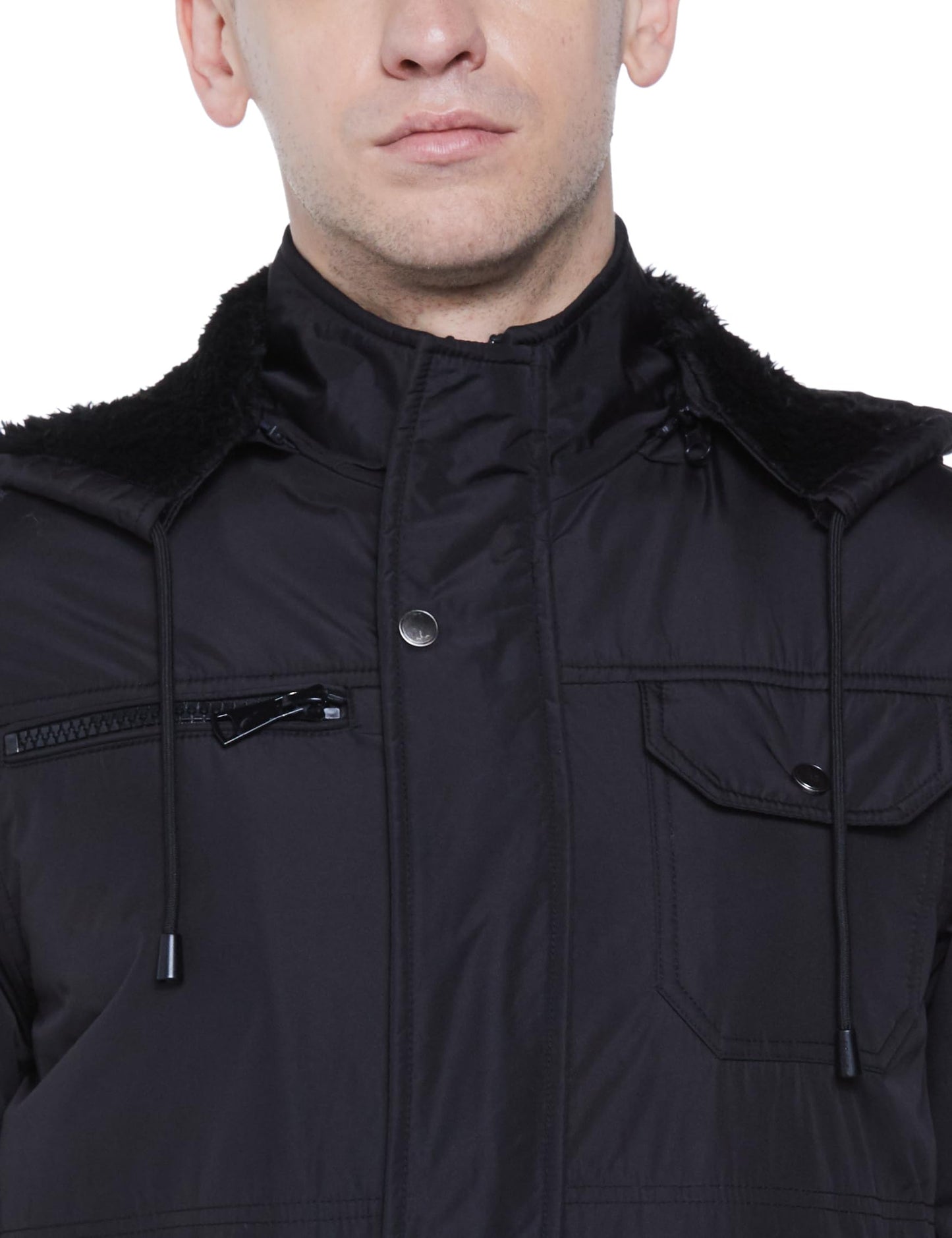 Men's Regular Fit Polyester Bomber Black Jacket with Inner Fur - Stylish Casual Hooded Winter Jacket