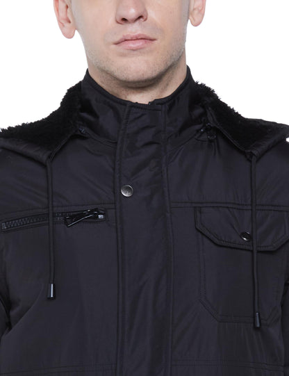 Men's Regular Fit Polyester Bomber Black Jacket with Inner Fur - Stylish Casual Hooded Winter Jacket