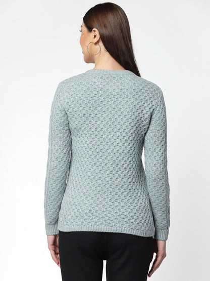 Women's Woolen Acrylic Full Sleeve Round Neck Cable Design Light Denim Cardigan -  Stylish Woolen Winter Sweater