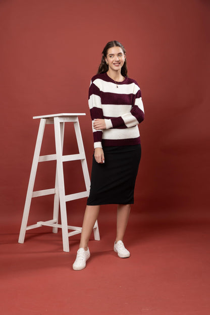 Women's 100% Wool Color Block Stripe Full Sleeve Round Neck Pullover Sweater for Winter Season