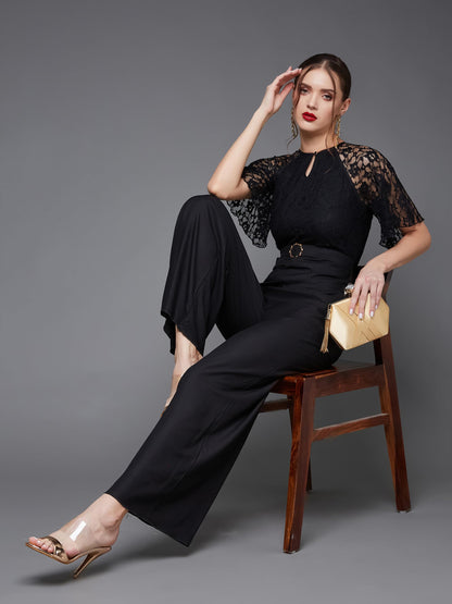 Miss Chase Women's Round Neck Flared Sleeve Floral Regular Jumpsuit with Pockets (MCSS23D79-02-62-03, Black, S)