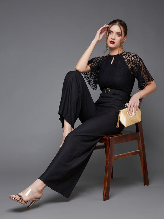 Miss Chase Women's Round Neck Flared Sleeve Floral Regular Jumpsuit with Pockets (MCSS23D79-02-62-03, Black, S)
