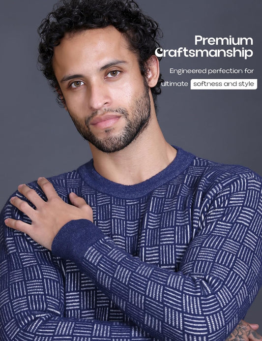 Men's Round Neck Full Sleeve Woolen Knitted Pullover Blue Sweaters - Stylish Casual Winter Wear