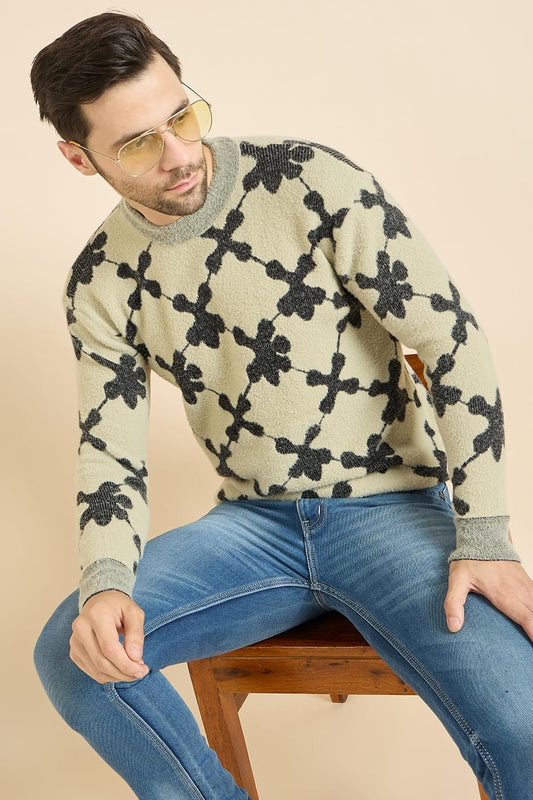 Men's Round Neck Full Sleeve Woolen Knitted Block Patterned Pullover Sweaters - Stylish Casual Urban City Winter Wear