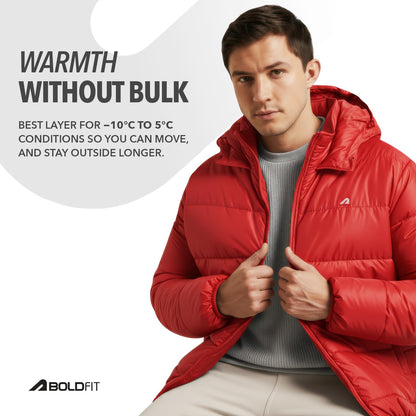 Men's Red Quilted Hooded Winter Puffer Jacket - Full Sleeve Mens Monsoon Jackets | All Weather Jacket | Winter Wear Bomber Jerkin