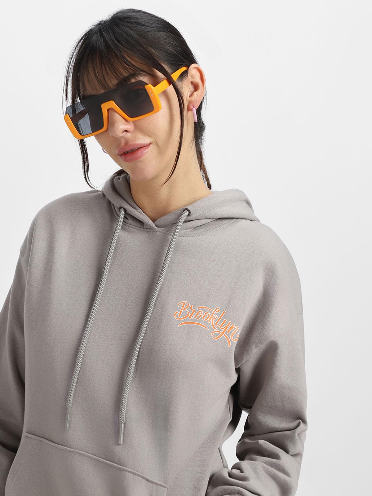 JUNEBERRY® Cotton Polly Fleece Oversized Fit Grey Graphic Hoodie for Women