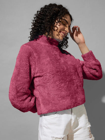Women's Fur Pull Over High Neck Rose Sweatshirt