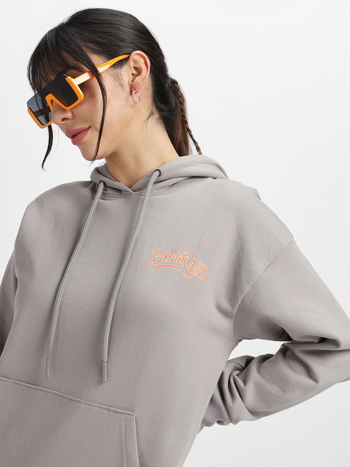 JUNEBERRY® Cotton Polly Fleece Oversized Fit Grey Graphic Hoodie for Women