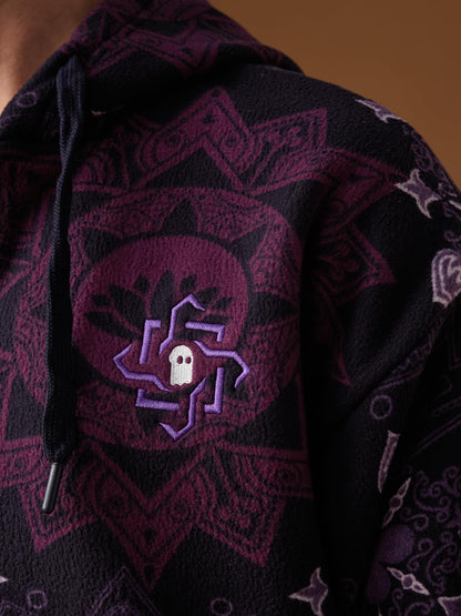 Men's Oversized Mandala Art Jacket - Full Sleeves Hooded Neck Dark Purple Embroidered Ethnic Print Polar Fleece Oversized Fit Lightweight Casual Jacket