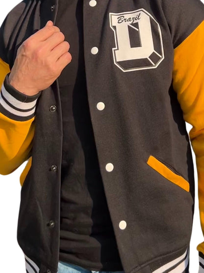 Men's Fleece Standard Length Varsity Black and Yellow Typography Jacket - Stylish Casual Streetstyle Winterwear