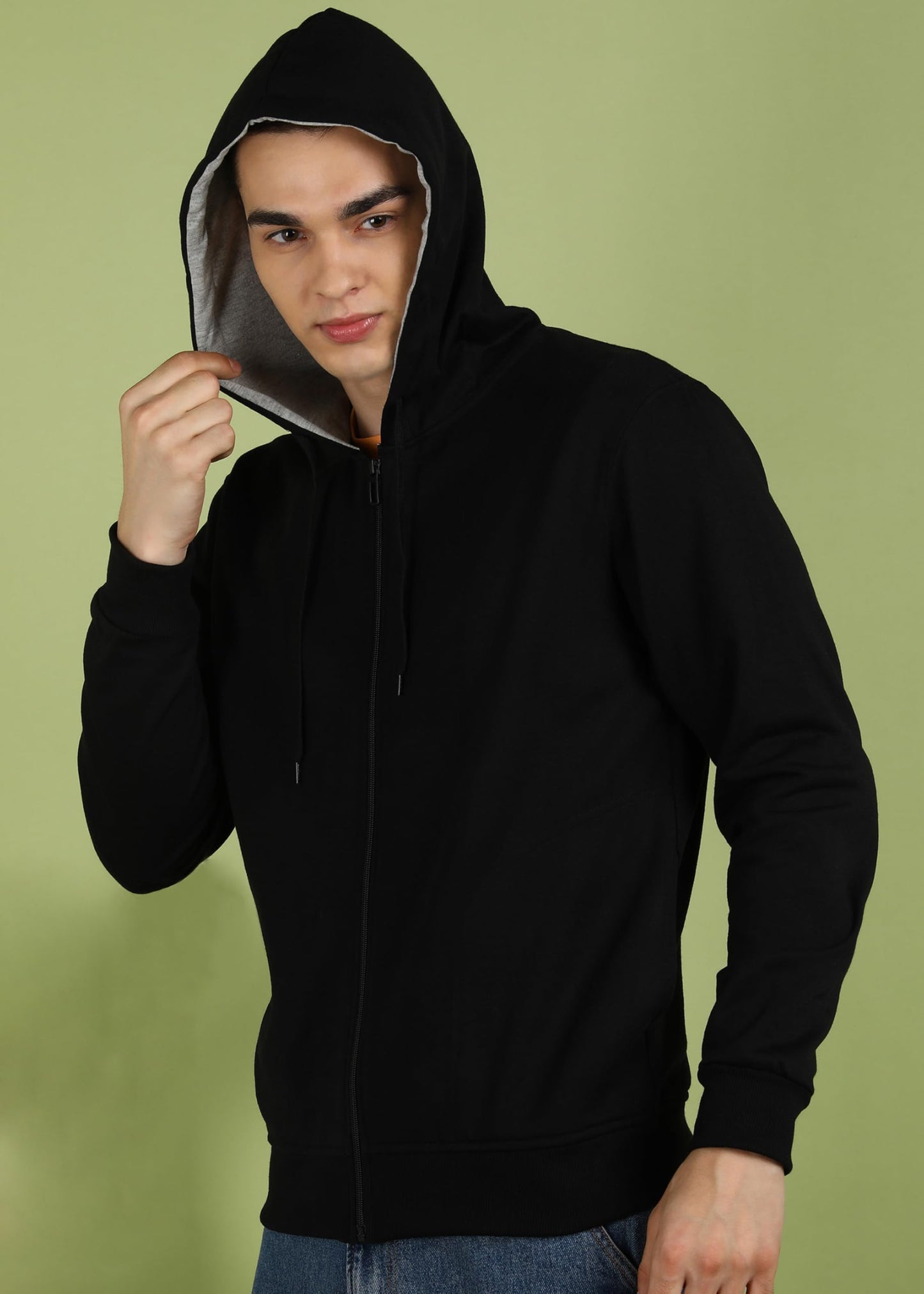 Men’s Solid Zipper Hooded Black Sweatshirt | Ribbed Hem, Lined Hood, Side Pockets, Durable Zip