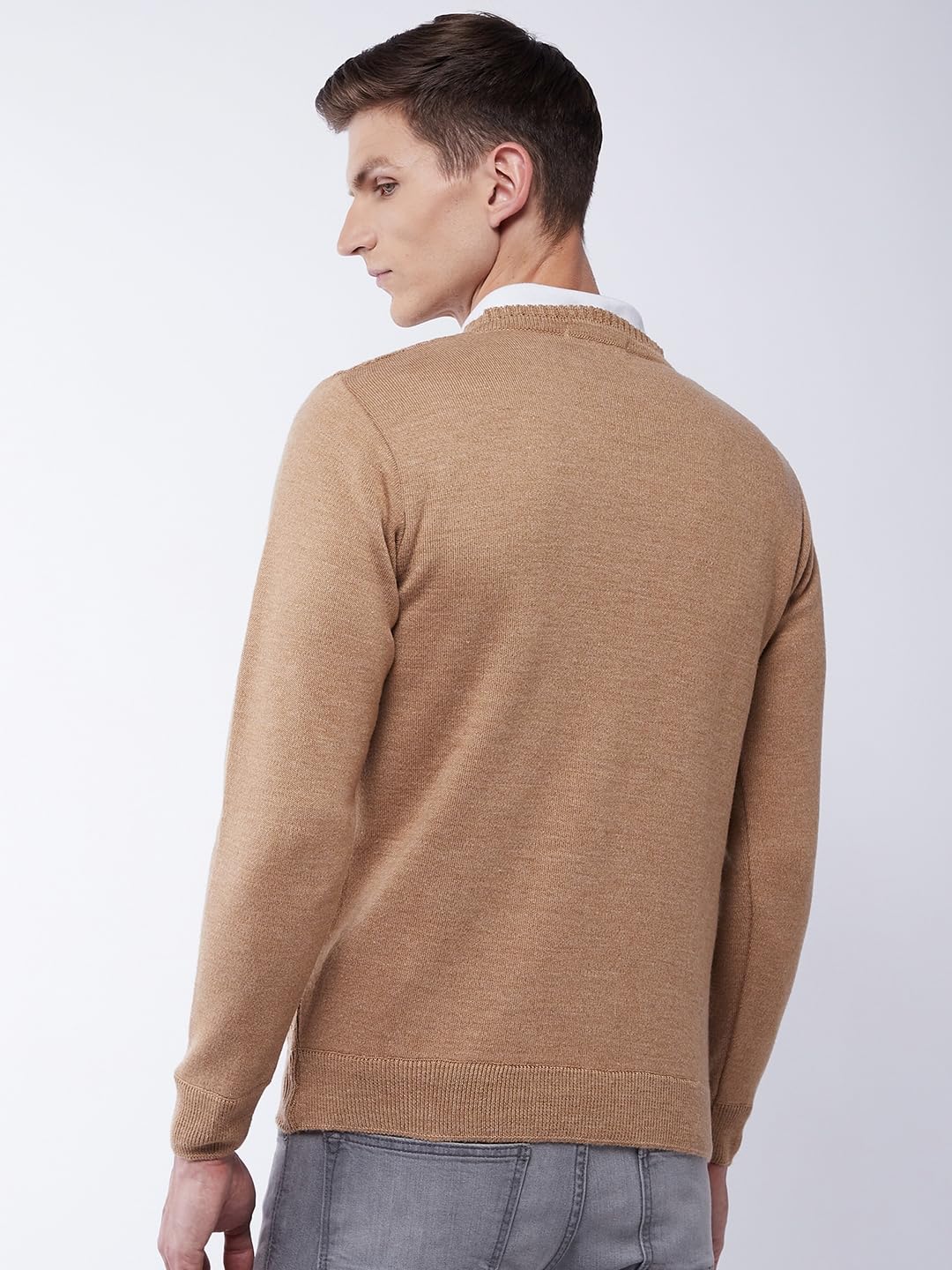 Men's V Neck Full Sleeves Solid Beige Sweater - Warmth and Style for The Winter Season