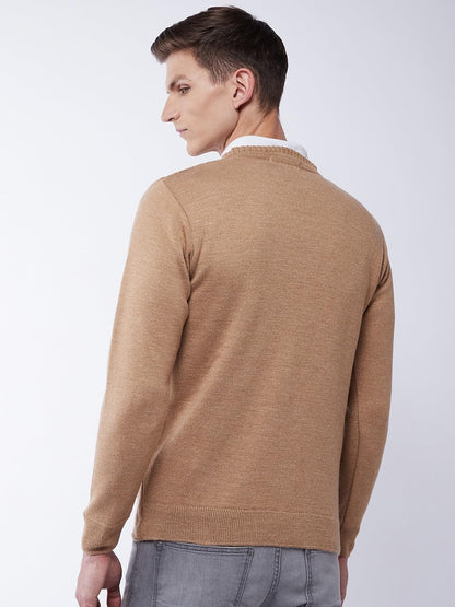 Men's V Neck Full Sleeves Solid Beige Sweater - Warmth and Style for The Winter Season