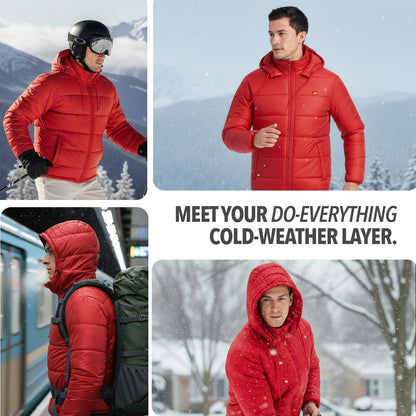 Men's Red Quilted Hooded Winter Puffer Jacket - Full Sleeve Mens Monsoon Jackets | All Weather Jacket | Winter Wear Bomber Jerkin