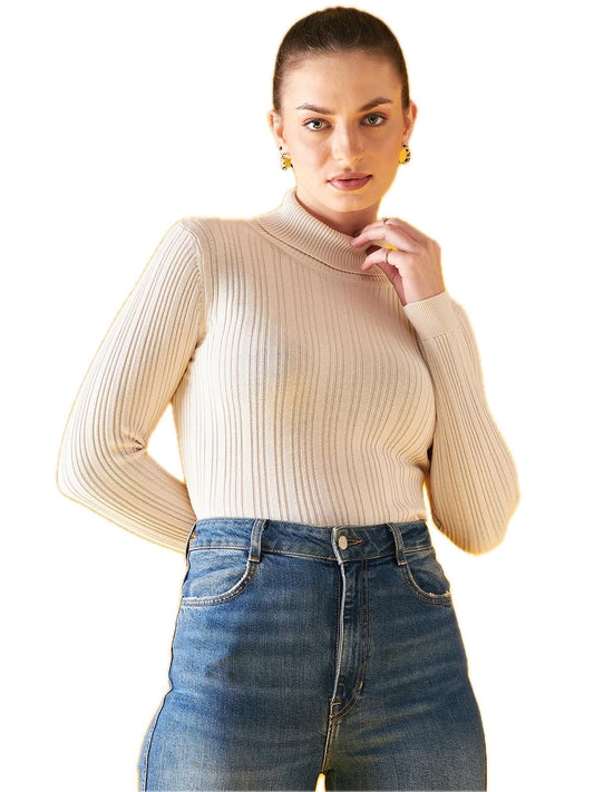 Women's Acrylic Turtle Neck Full Sleeve & Straight Hem White Sweater