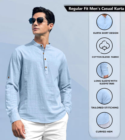 Zombom Cotton Blend Solid Casual Regular Fit Mandarin/Chinese Collor Short Kurta for Men Sky Blue