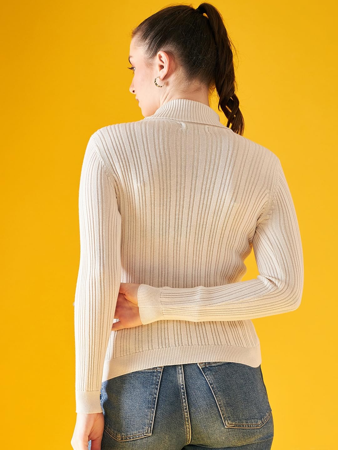 Women's Acrylic Turtle Neck Full Sleeve & Straight Hem White Sweater