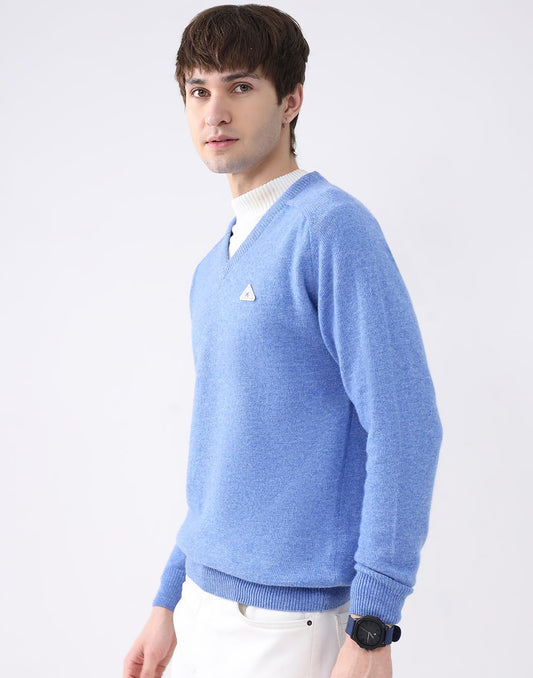 Men's Regular Fit V Neck Solid Pull On Closure Full Sleeve Blue Pullover Sweater - Warm Knitted Casual Winter Wear