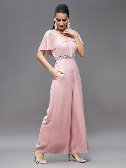 Miss Chase Women's Georgette V-Neck Cape Solid Layered Regular Jumpsuit (MCSS23D15-61-157-04, Light Pink)