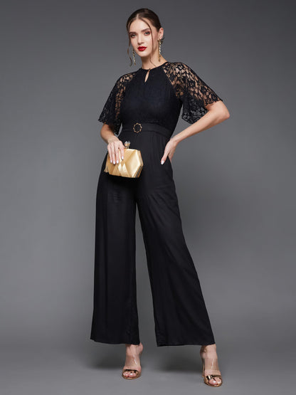 Miss Chase Women's Round Neck Flared Sleeve Floral Regular Jumpsuit with Pockets (MCSS23D79-02-62-03, Black, S)