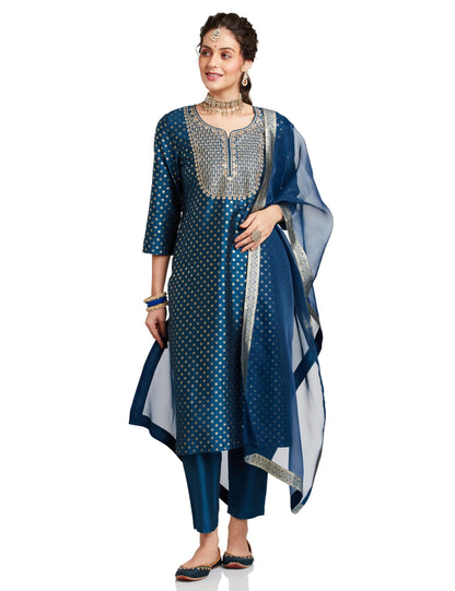 Myx Women's Embroidered Teal Kurta Set with Organza Dupatta