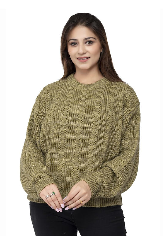 Women Pure Wool Round Neck Regular Fit Olive Pullover Sweater - Full Sleeve Stylish Crafted for Comfort