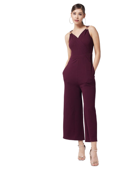 Miss Chase Women's Wine V-Neck Sleeveless Solid Wrap Regular Jumpsuit (MCAW19D08-48-184-04, Wine)