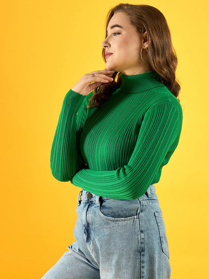 Women's Acrylic Turtle Neck Full Sleeve & Straight Hem Green Sweater