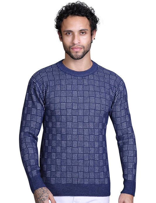 Men's Round Neck Full Sleeve Woolen Knitted Pullover Blue Sweaters - Stylish Casual Winter Wear