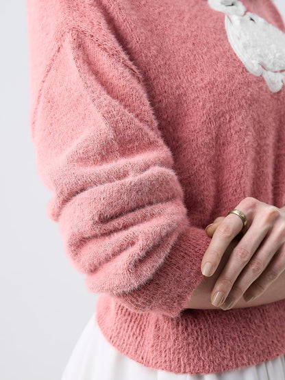 Women Full Sleeves Round Neck Light Pink Graphic Printed Acrylic Nylon Oversized Fit Fuzzy Casual Winter Pullover Sweater