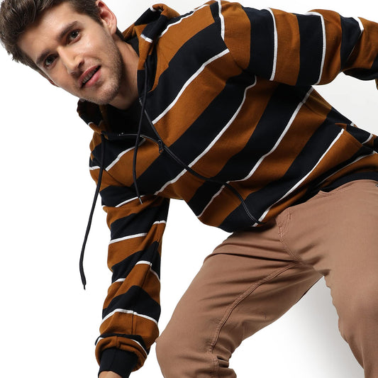 Men's Brown & Black Striped Regular Fit Full Zip Color Blocked Hooded Sweatshirt - Casual Sweatshirt for Men