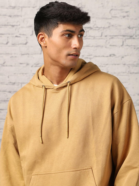 NOBERO Men's Oversized Fit Cotton Neck Hooded Sweatshirt (1M-TWRH-C0737_Oat Milk_Small)