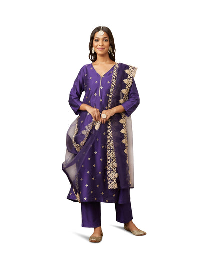 Amazon Brand - Myx Women's Kurta Pant Set with Embroidered Organza Dupatta | Viscose,Rayon | A-line fit (AW24-MYX-SKD-VN-07_Deep Purple_M)