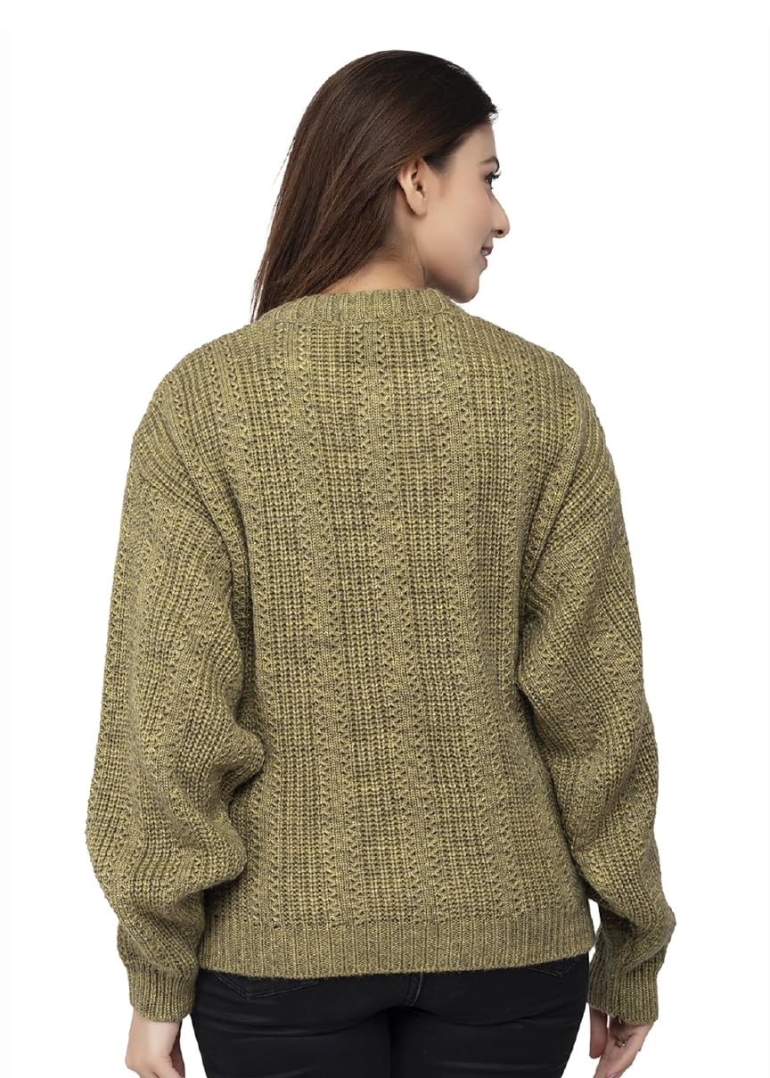 Women Pure Wool Round Neck Regular Fit Olive Pullover Sweater - Full Sleeve Stylish Crafted for Comfort