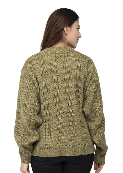 Women Pure Wool Round Neck Regular Fit Olive Pullover Sweater - Full Sleeve Stylish Crafted for Comfort