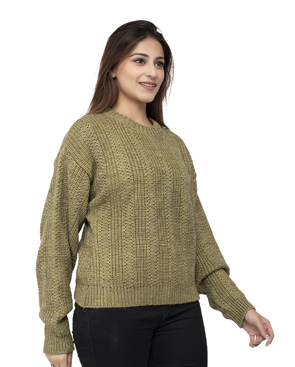 Women Pure Wool Round Neck Regular Fit Olive Pullover Sweater - Full Sleeve Stylish Crafted for Comfort