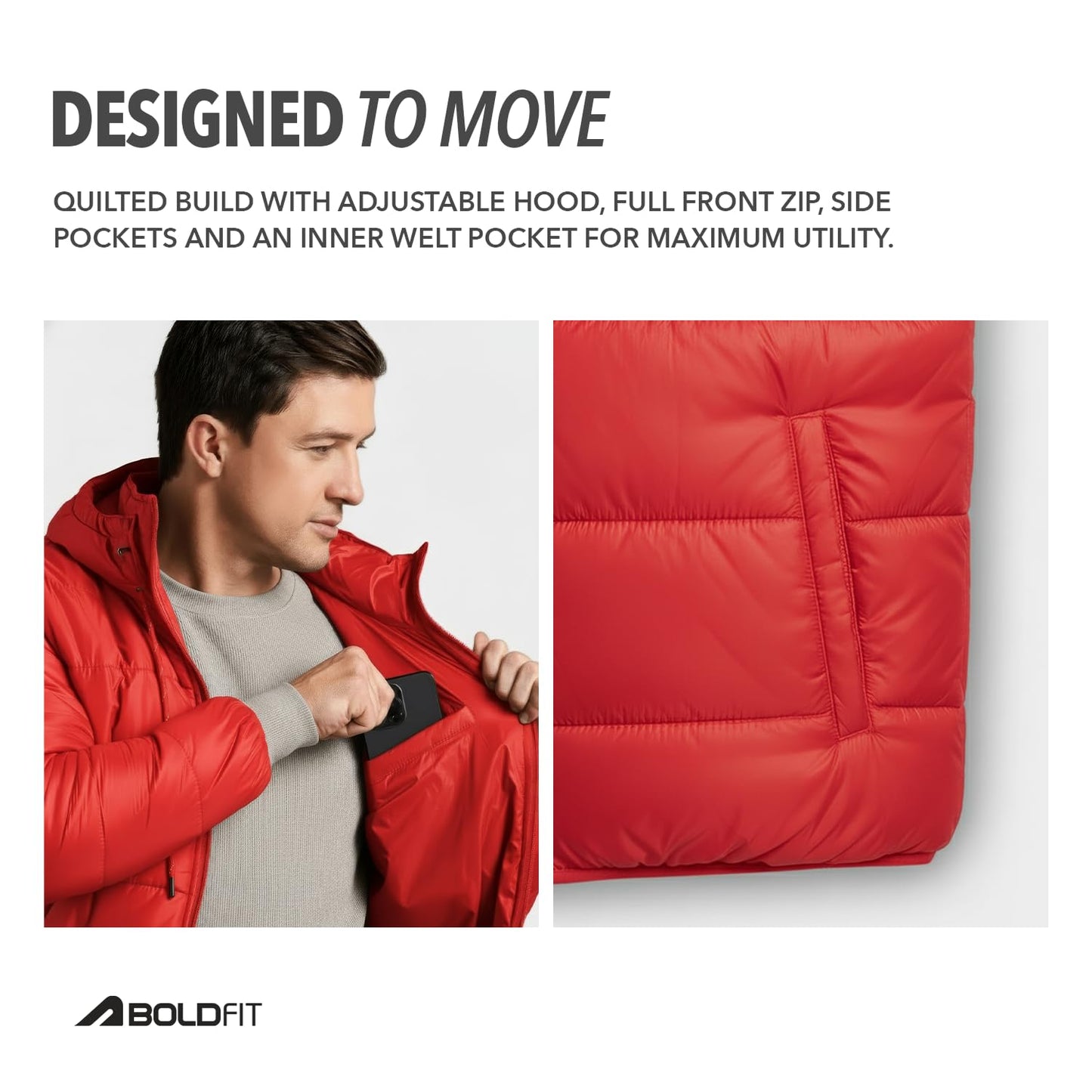 Men's Red Quilted Hooded Winter Puffer Jacket - Full Sleeve Mens Monsoon Jackets | All Weather Jacket | Winter Wear Bomber Jerkin