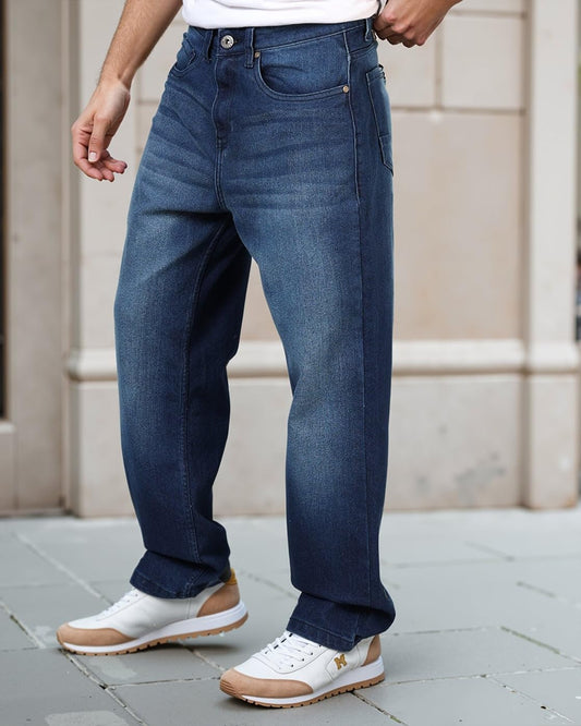 Men’s Baggy Fit Stretchable High-Rise Denim Jeans – Loose Casual Dance/Rap Style Cotton Denim Pants