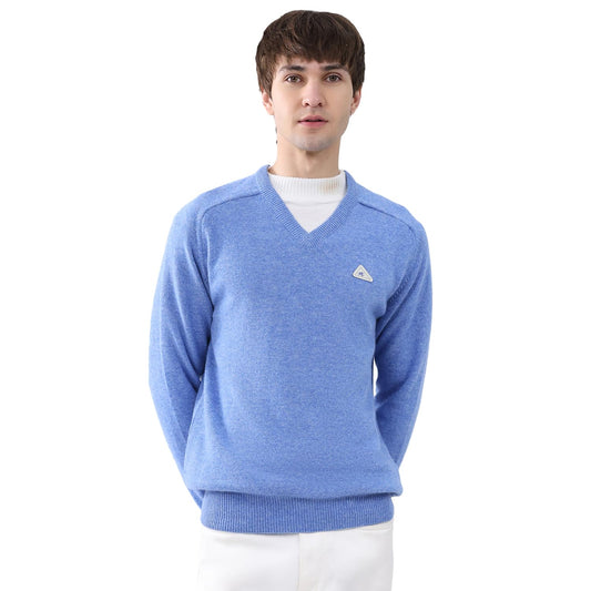 Men's Regular Fit V Neck Solid Pull On Closure Full Sleeve Blue Pullover Sweater - Warm Knitted Casual Winter Wear