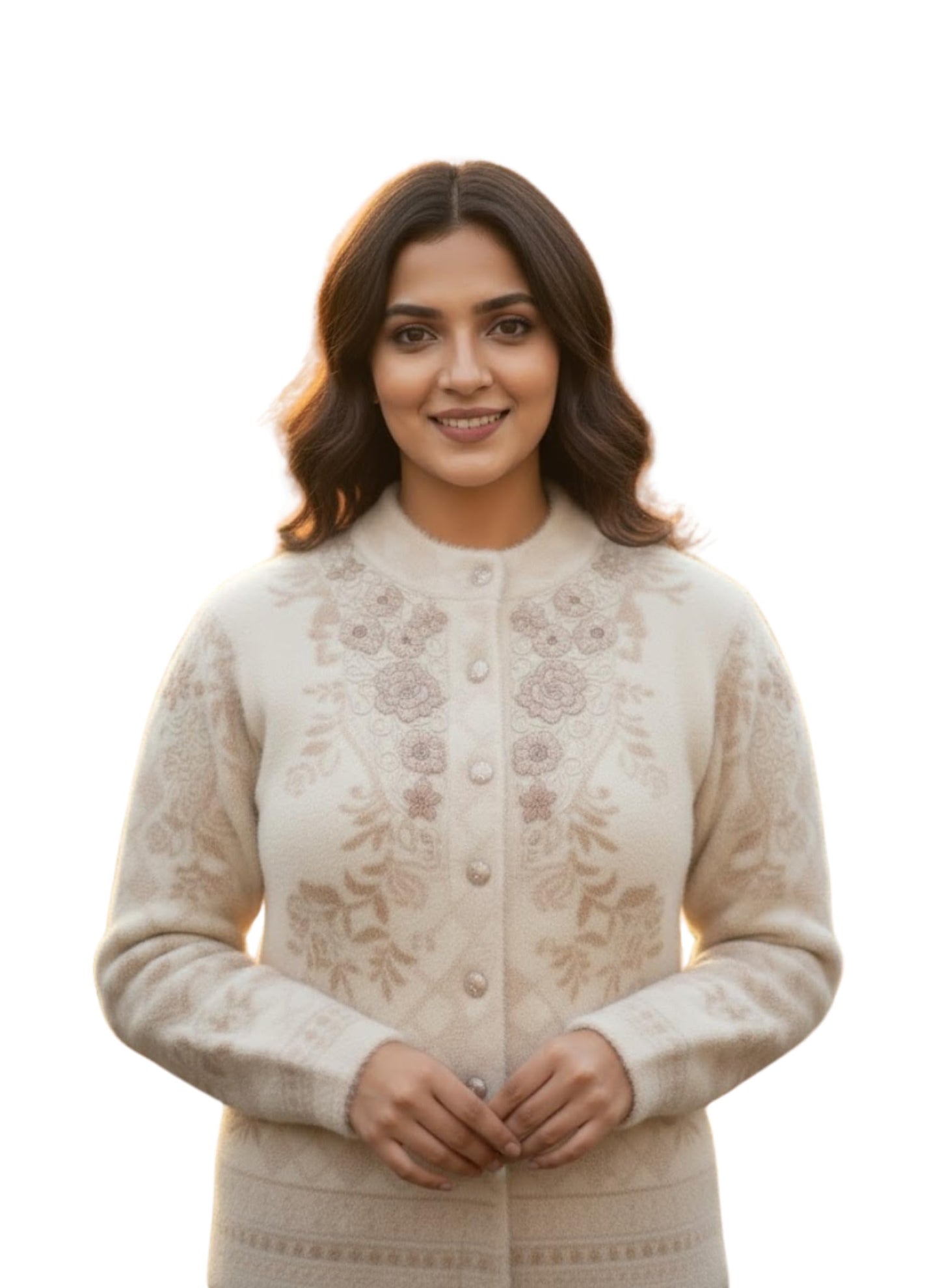 Women's Woolen Round Neck White Cardigan Sweater - Stylish Pure Wool