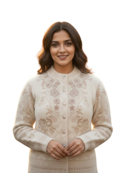 Women's Woolen Round Neck White Cardigan Sweater - Stylish Pure Wool