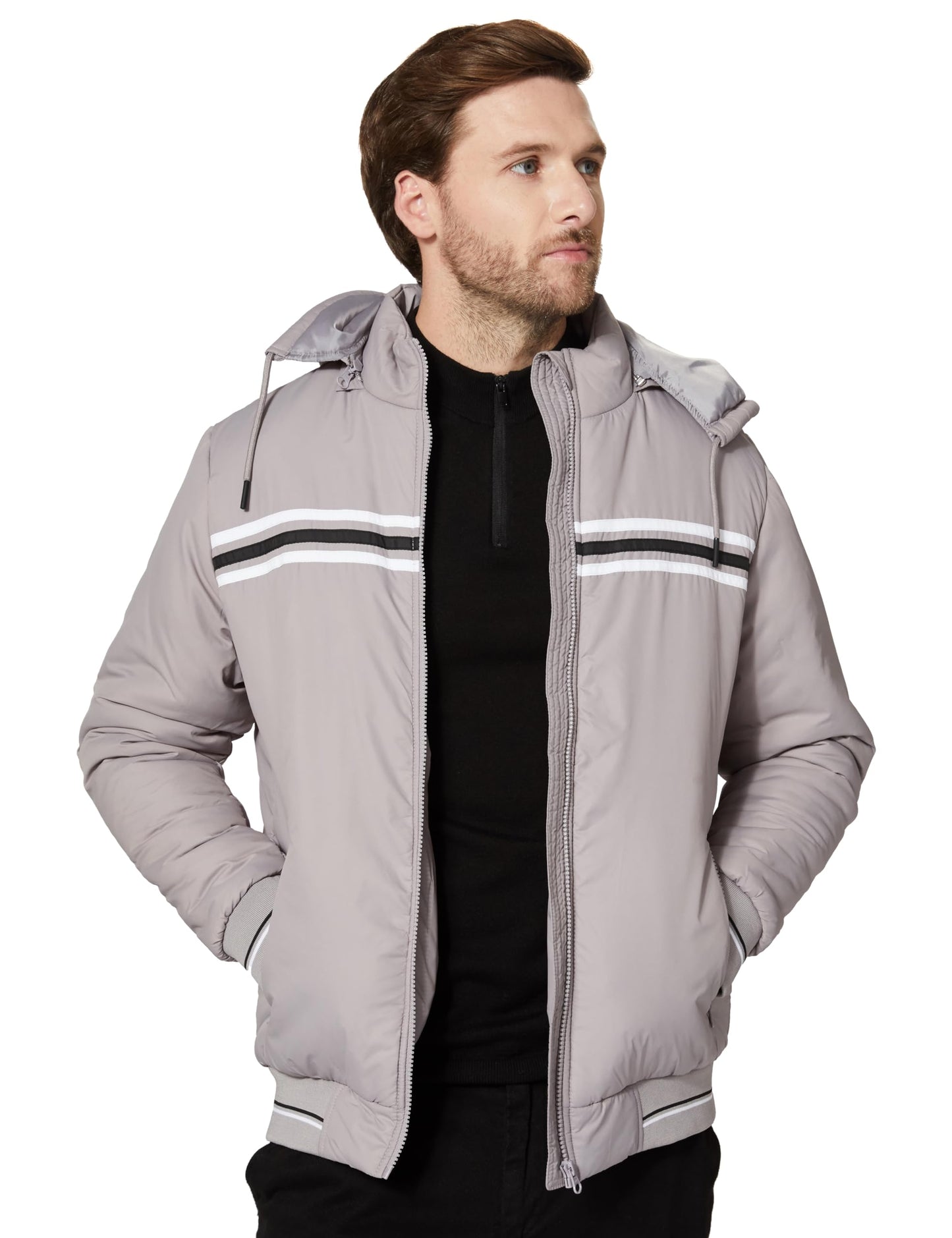 Men's Heavy Weight Hooded Bomber Stone Grey Jacket - Stylish Casual Winter Jacket