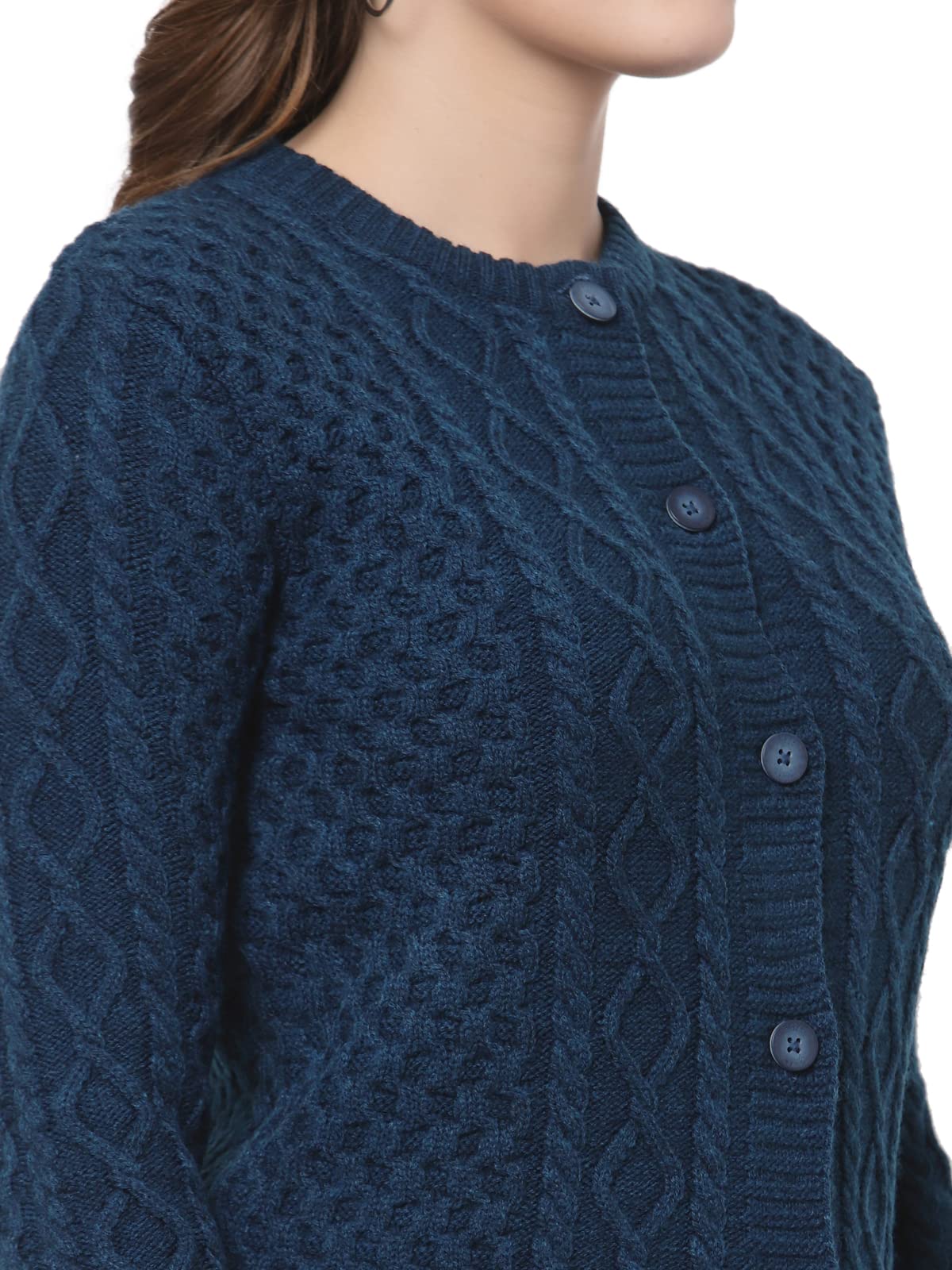 Women's Woolen Acrylic Full Sleeve Round Neck Cable Design Teal Cardigan - Stylish Woolen Sweater for Winters