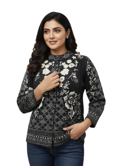 Women's Woolen Round Neck Black Cardigan Sweater - Stylish Pure Wool Winter Wear